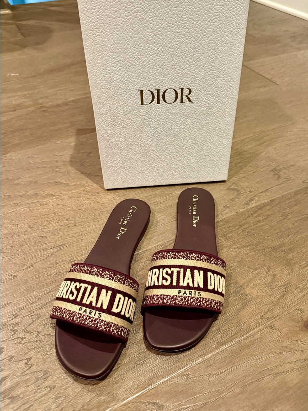 Dior Burgundy and Cream Dway Slide Sandals, 39.5, NIB